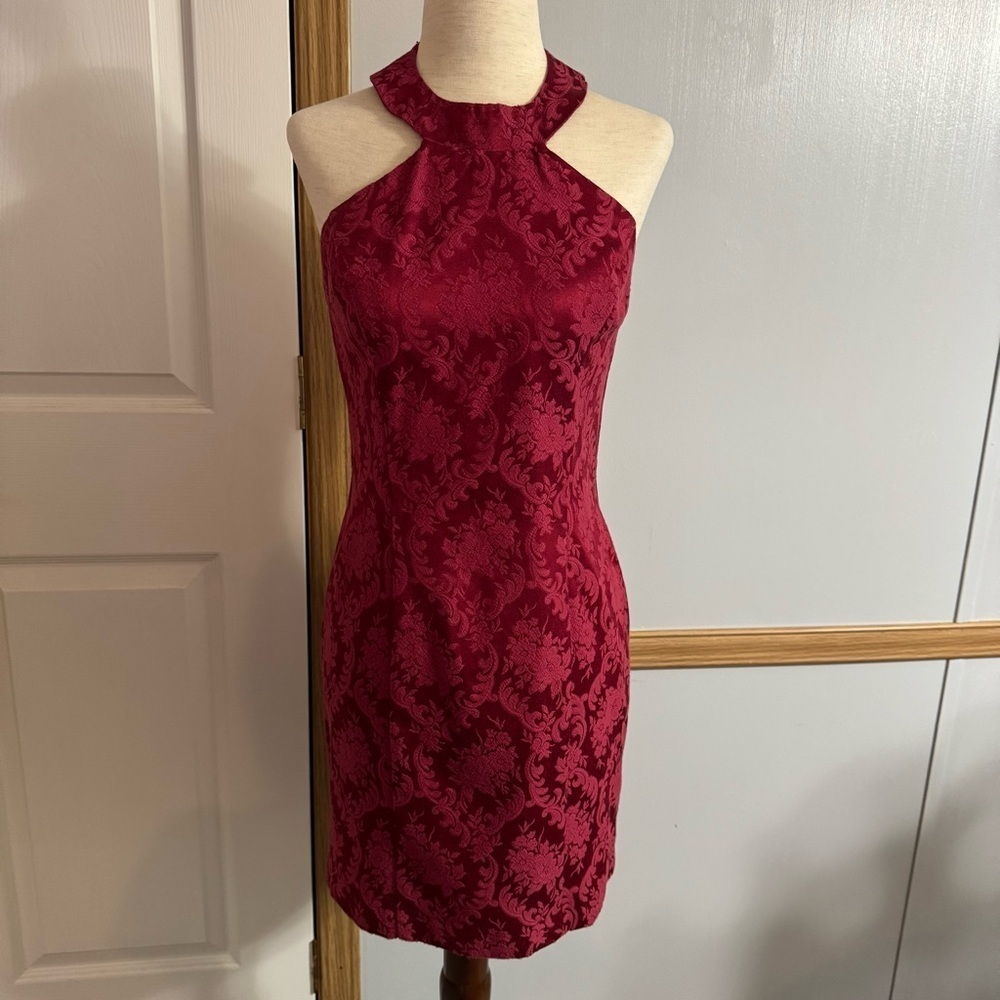 Shanghai Tang Burgundy Red Halter Mini Dress Size XS